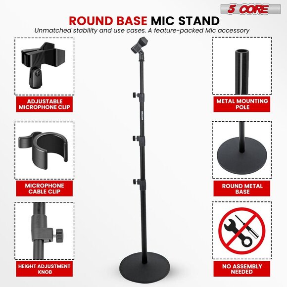 5Core Mic Stand Floor Adjustable Round Base Universal Metal Microphone Stands - Picture 7 of 8